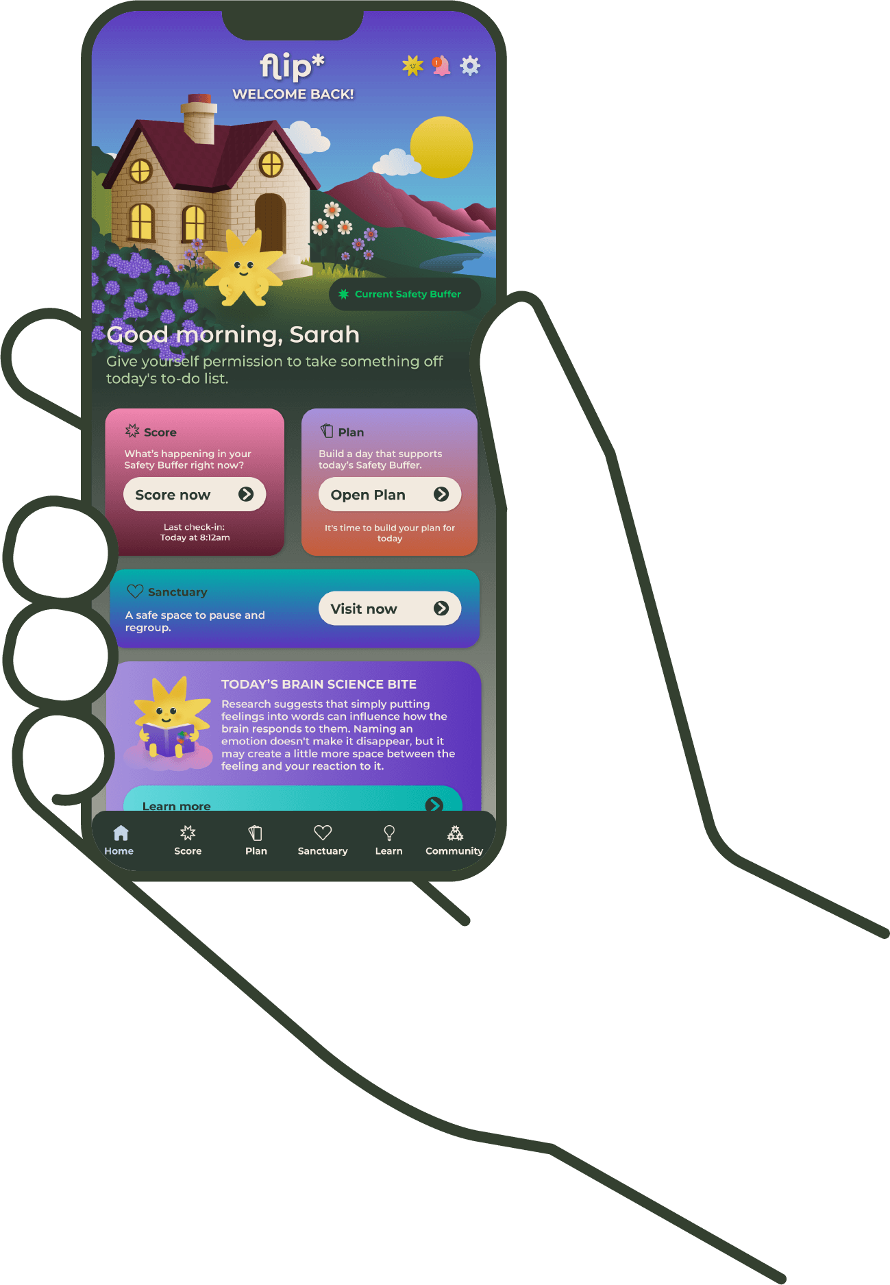 Hand holding a phone showing the flip* home screen
